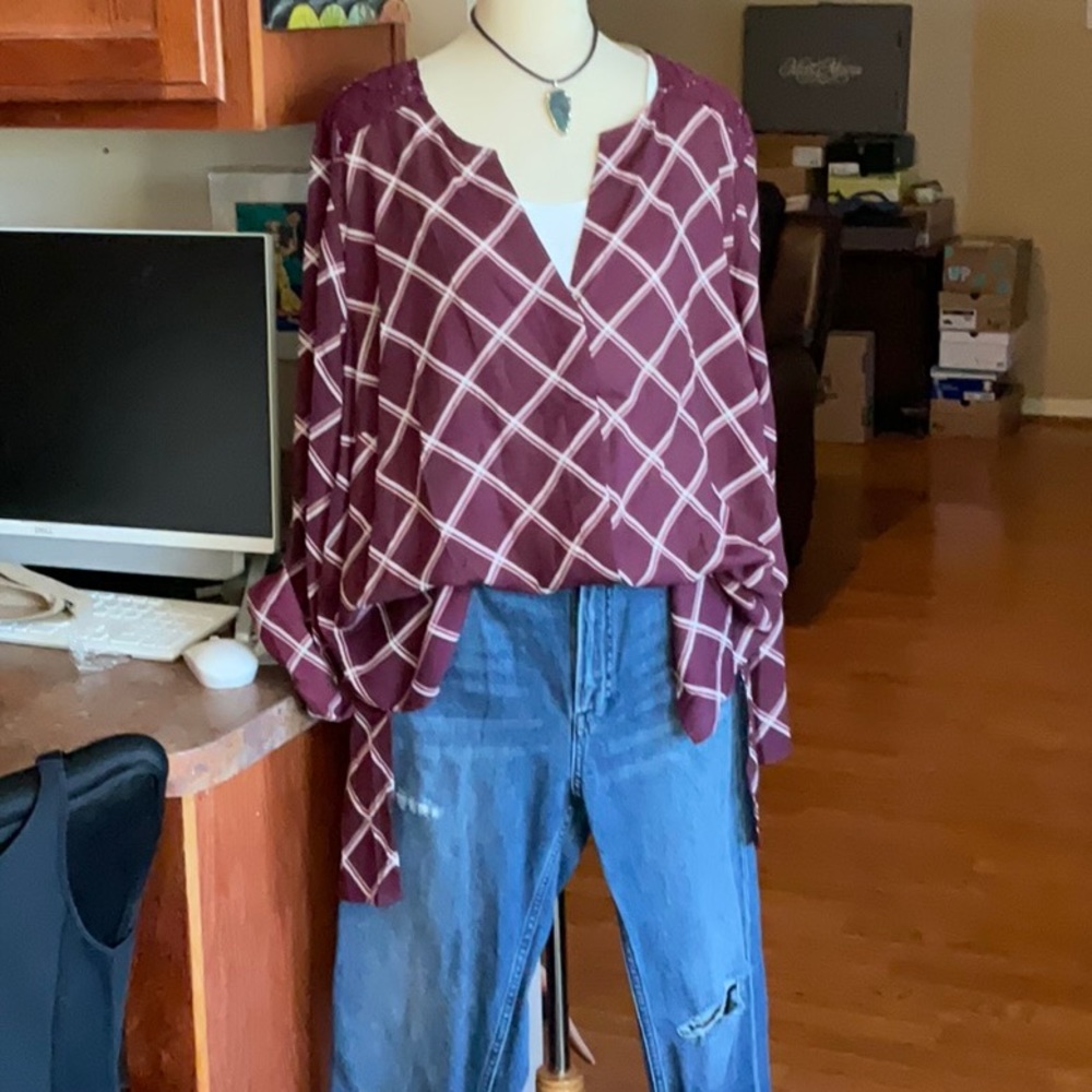 Terra & Sky Burgundy Plaid with Lace Button Down Blouse Size 2X, NWT - Picture 6 of 15